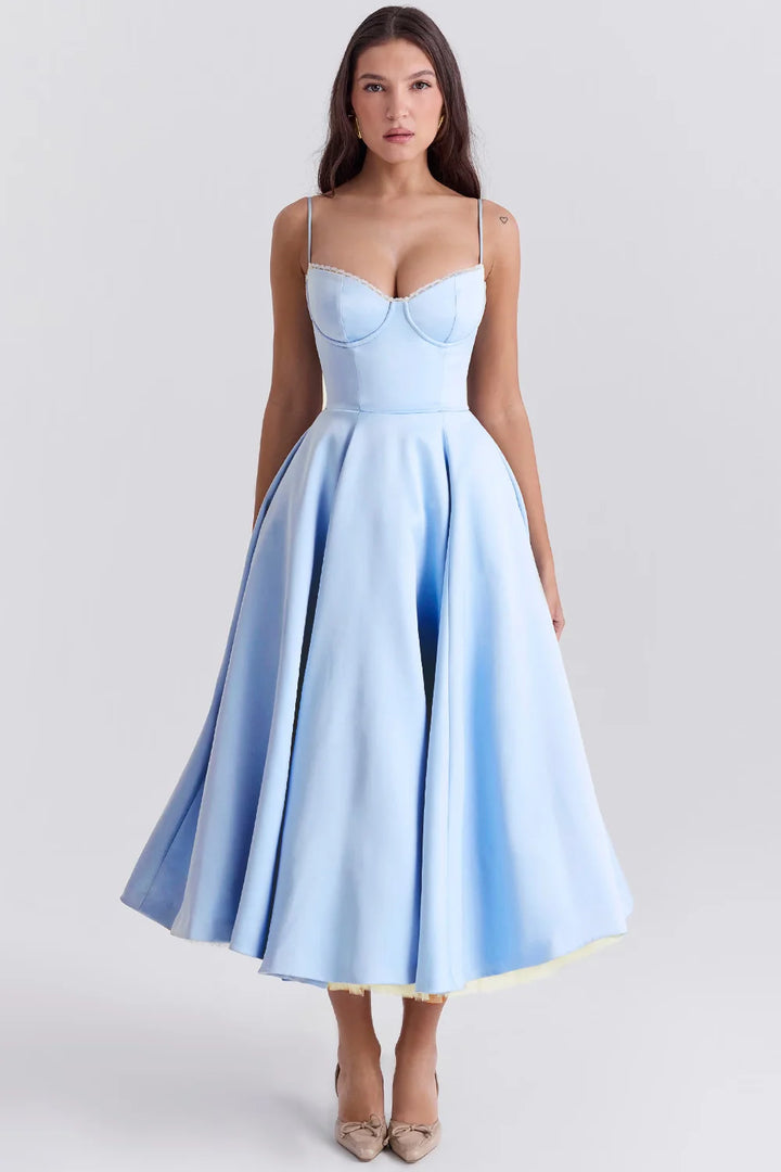 Light Blue Women's Sweetheart Fit And Flare Dress — Marlowe Blue Bustier Style - Front Full