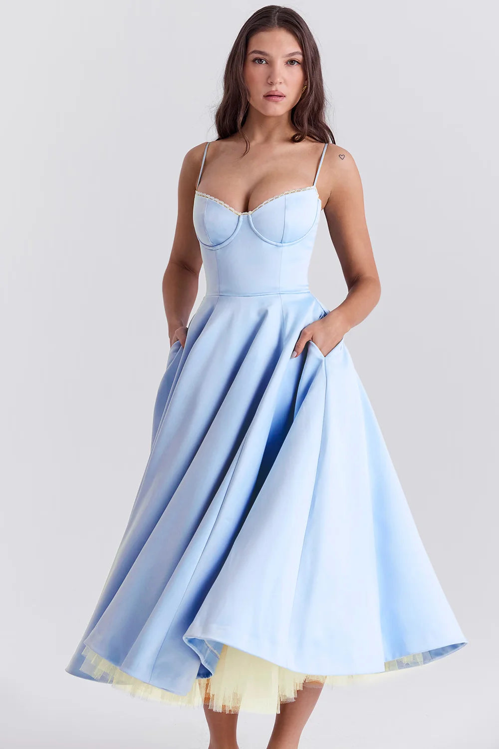 Light Blue Women's Sweetheart Fit And Flare Dress — Marlowe Blue Bustier Style - Front Pose Hands