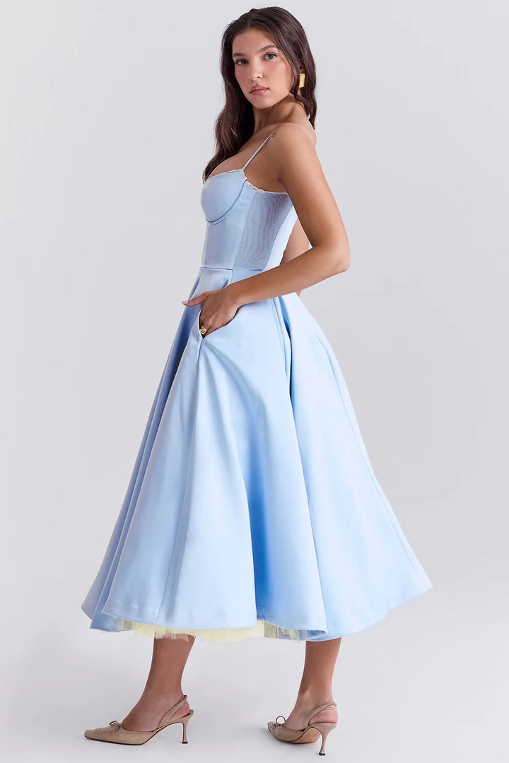 Light Blue Women's Sweetheart Fit And Flare Dress — Marlowe Blue Bustier Style - Side Pose