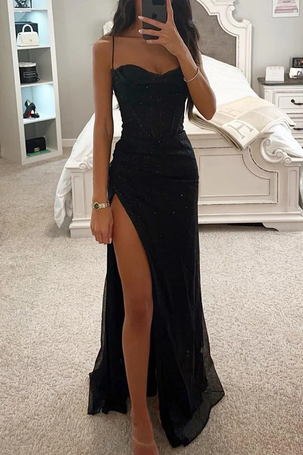 Black Women's Sweetheart High Slit Black Maxi Dress — Salma Elegant Sparkle Evening - Front Full