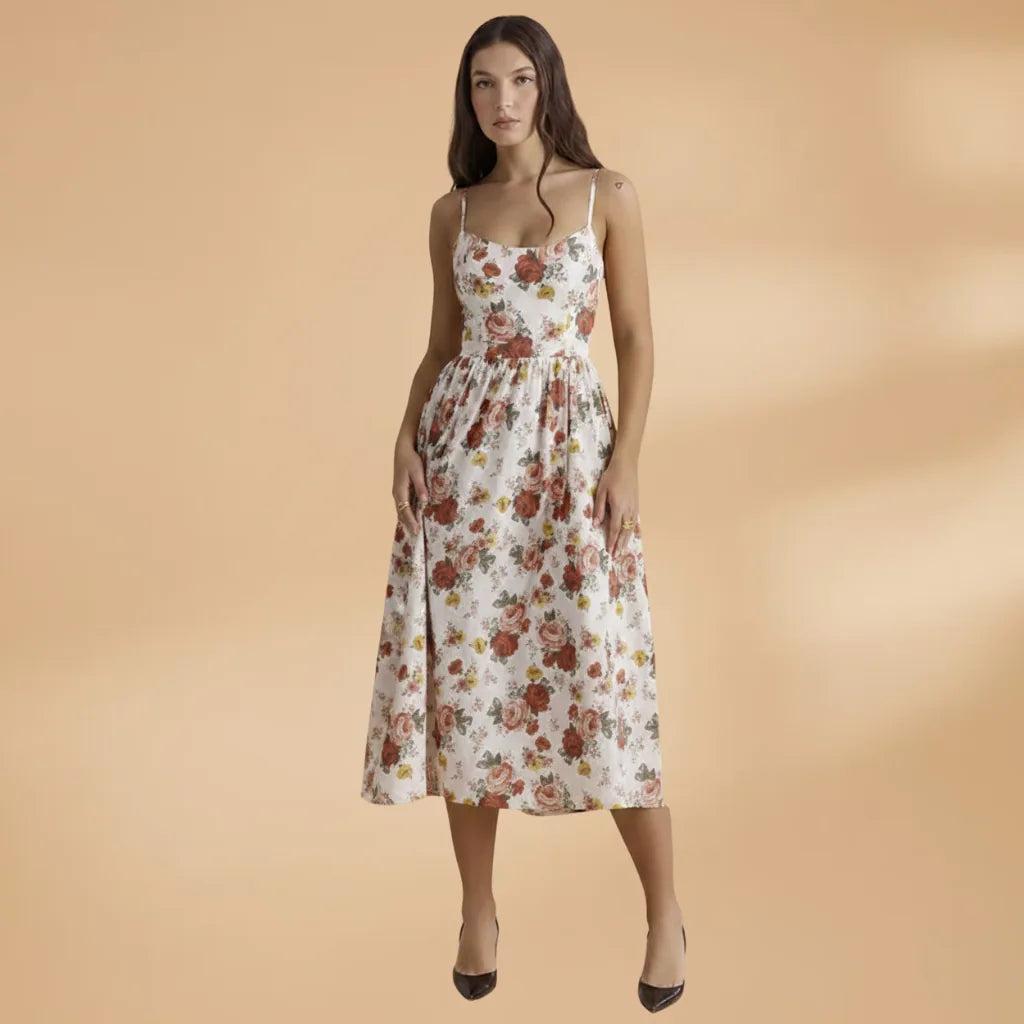 Harriet | Floral Print Sweetheart Midi Dress