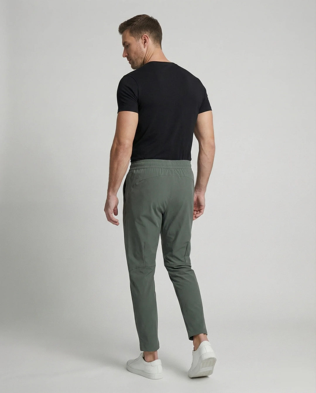 Military Green Men's Tapered Joggers with Elastic Waist - Back Full