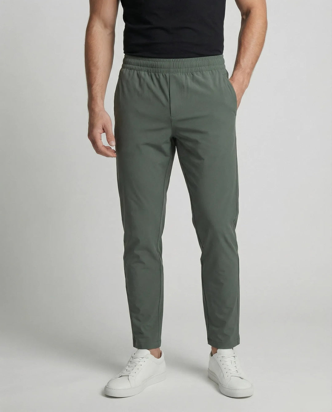 Military Green Men's Tapered Joggers with Elastic Waist - Front Detail