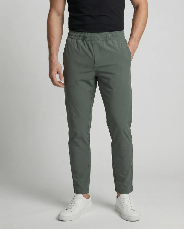 Military Green Men's Tapered Joggers with Elastic Waist - Front Detail