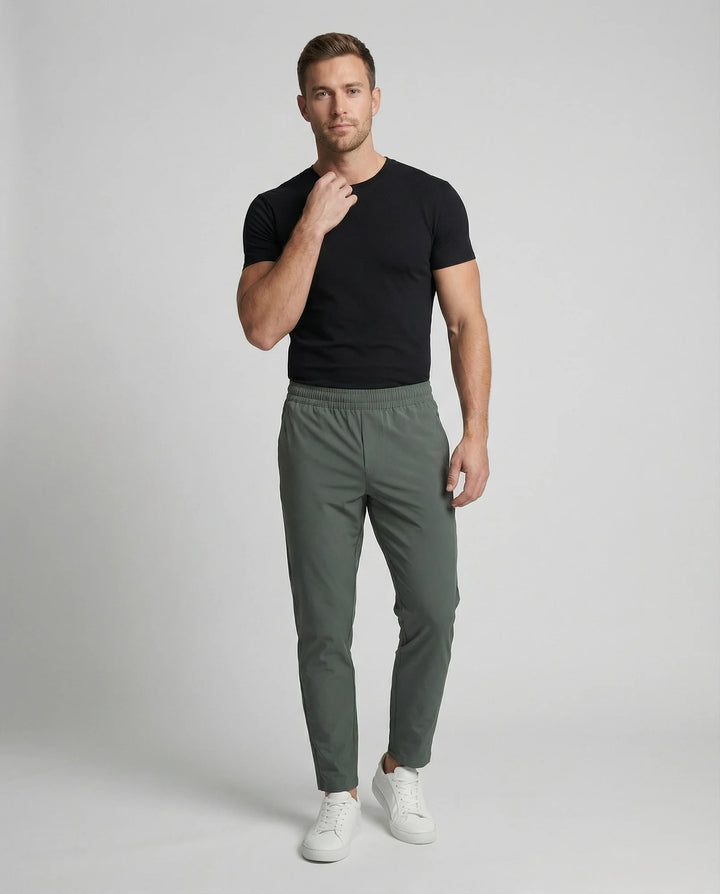 Military Green Men's Tapered Joggers with Elastic Waist - Front Full