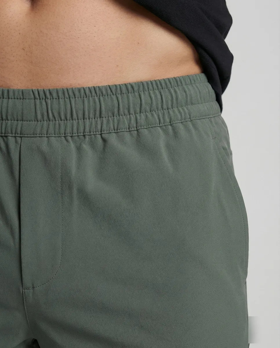 Military Green Men's Tapered Joggers with Elastic Waist - Waistband Close Up