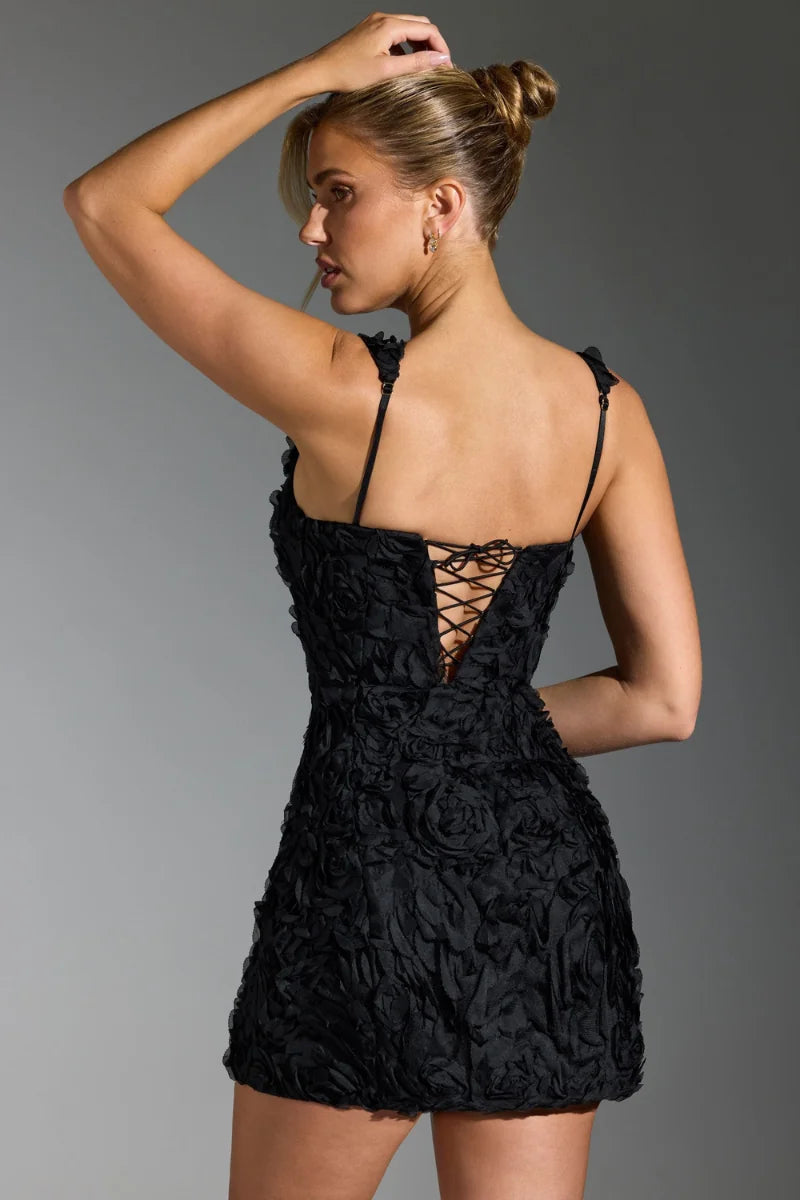 Black Women's Black Textured Mini Dress — Kayla Square Neck Sleeveless - Back Lace Up