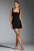 Women's Black Textured Mini Dress — Kayla Square Neck Sleeveless