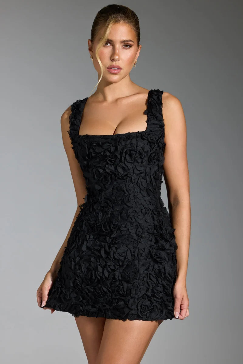 Black Women's Black Textured Mini Dress — Kayla Square Neck Sleeveless - Front Pose