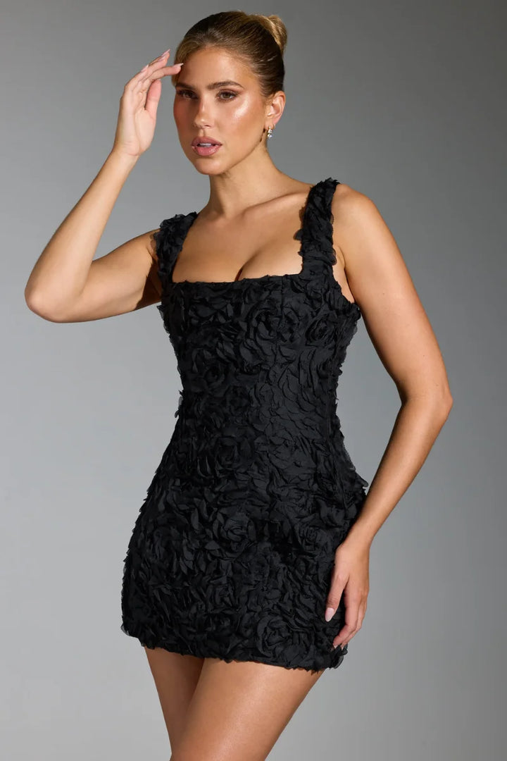 Black Women's Black Textured Mini Dress — Kayla Square Neck Sleeveless - Hand To Face
