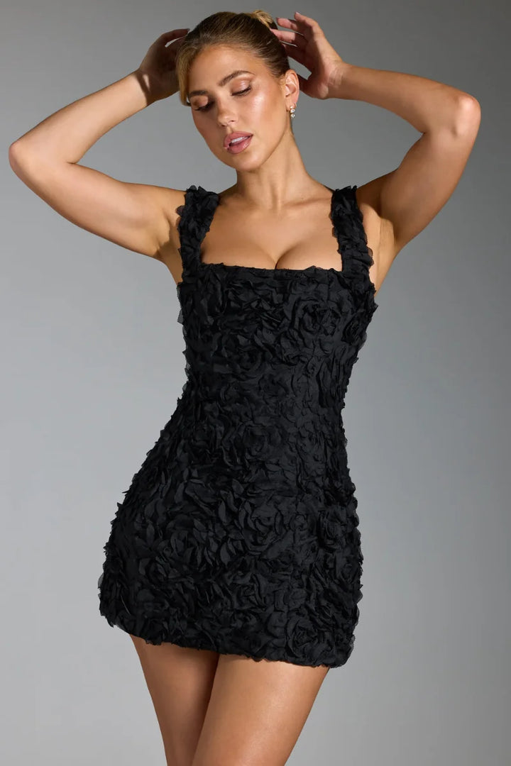 Black Women's Black Textured Mini Dress — Kayla Square Neck Sleeveless - Hands In Hair