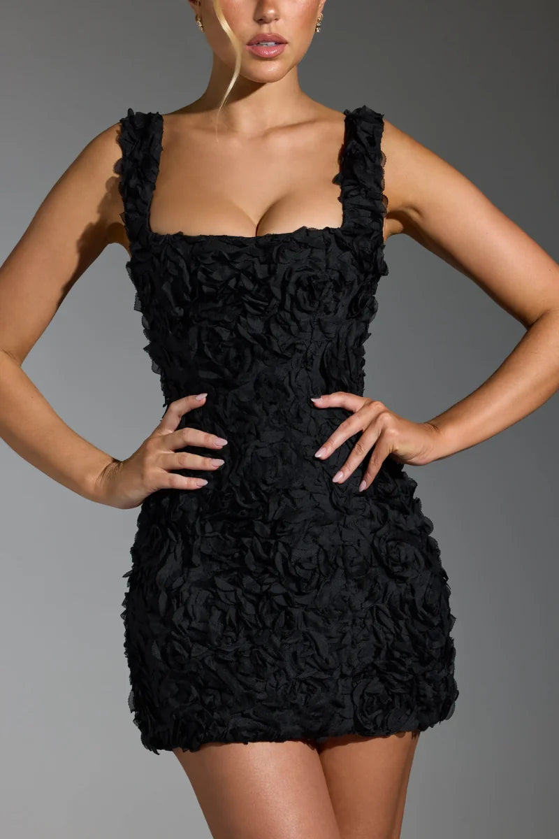 Black Women's Black Textured Mini Dress — Kayla Square Neck Sleeveless - Hands On Hips