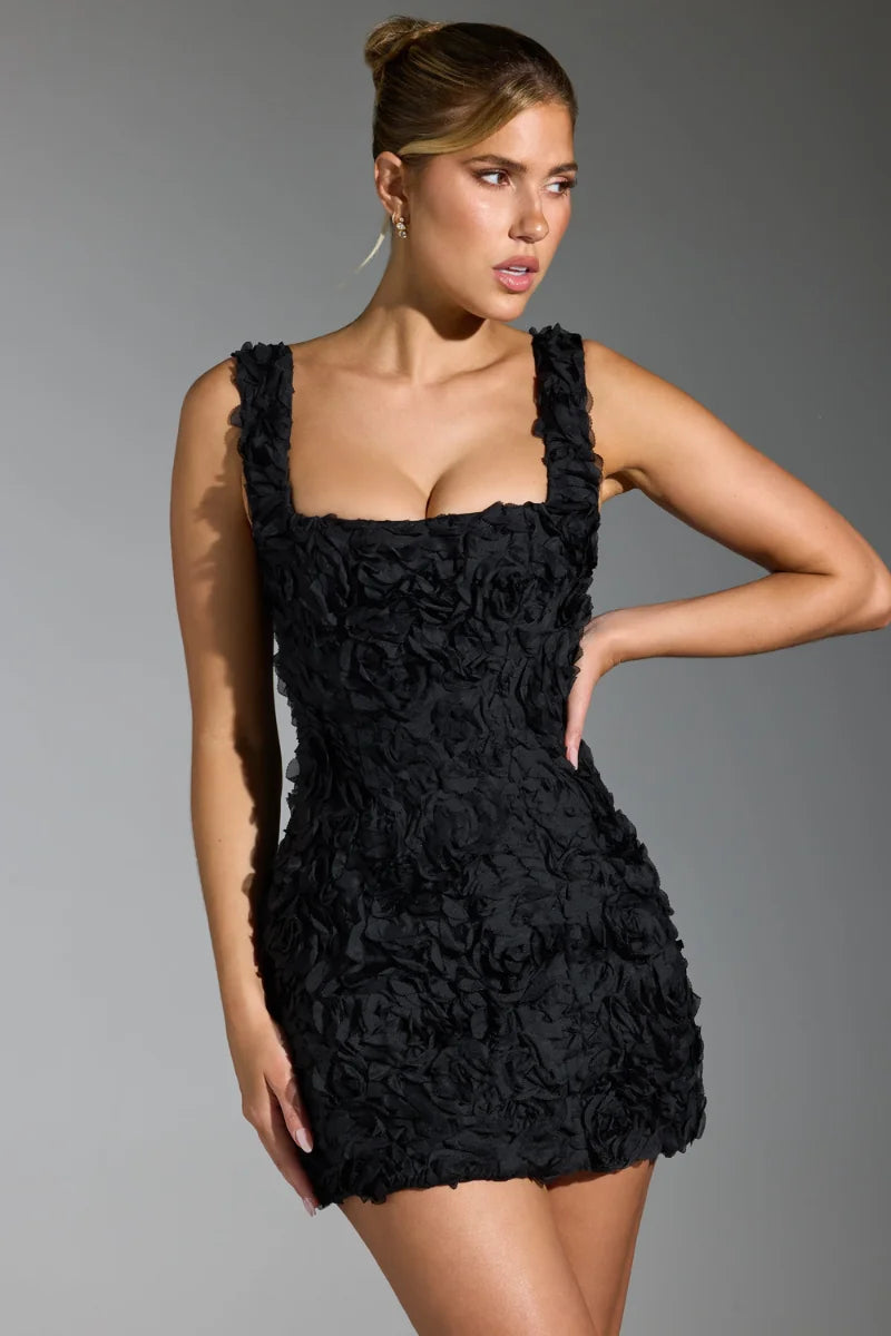 Black Women's Black Textured Mini Dress — Kayla Square Neck Sleeveless - Side Profile