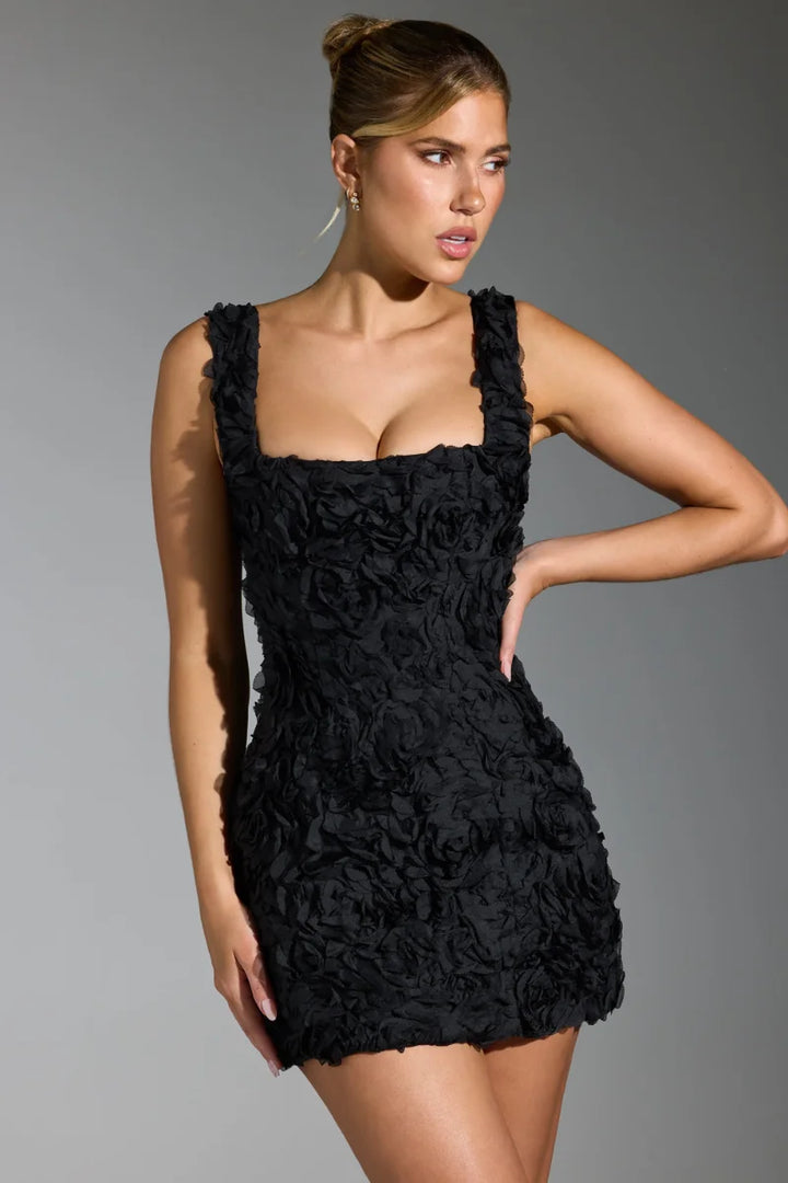 Black Women's Black Textured Mini Dress — Kayla Square Neck Sleeveless - Side Profile