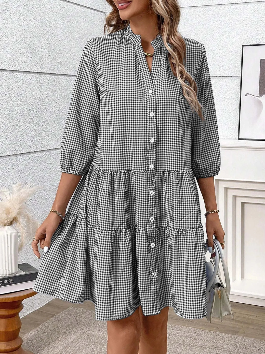 Florence | Chic Three-Quarter Sleeve Gingham Shirt Dress