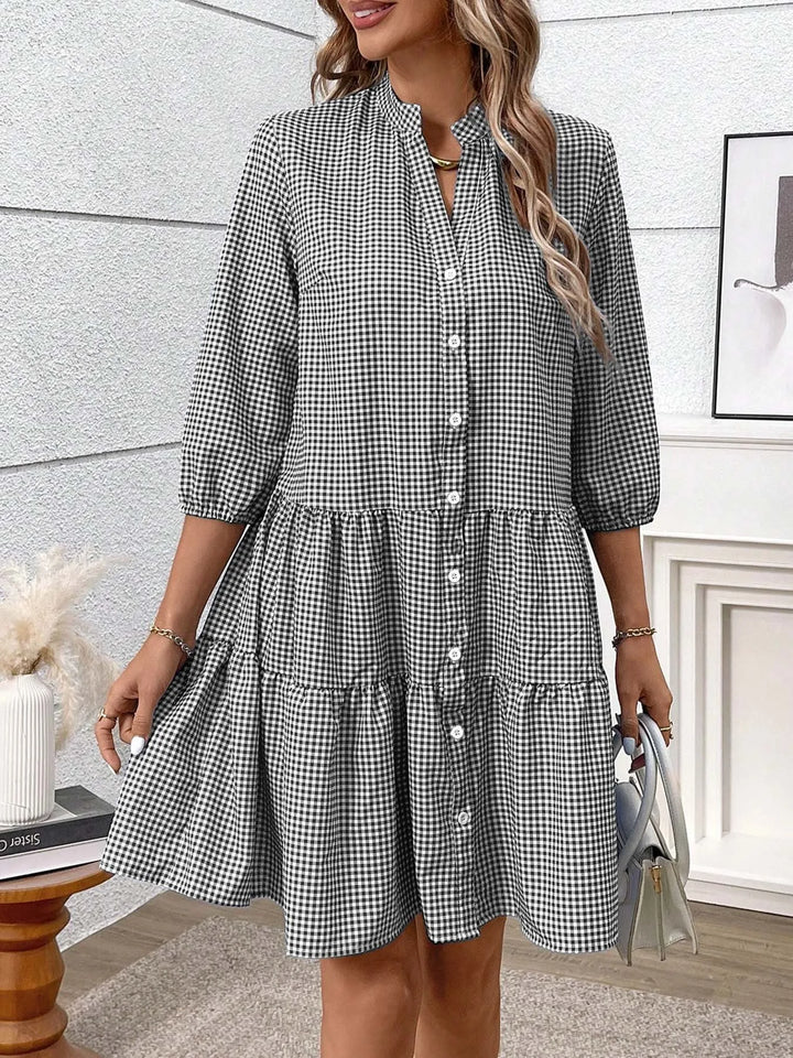 Florence | Chic Three-Quarter Sleeve Gingham Shirt Dress