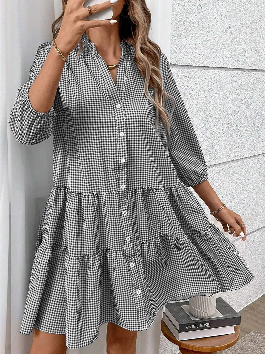 Florence | Chic Three-Quarter Sleeve Gingham Shirt Dress