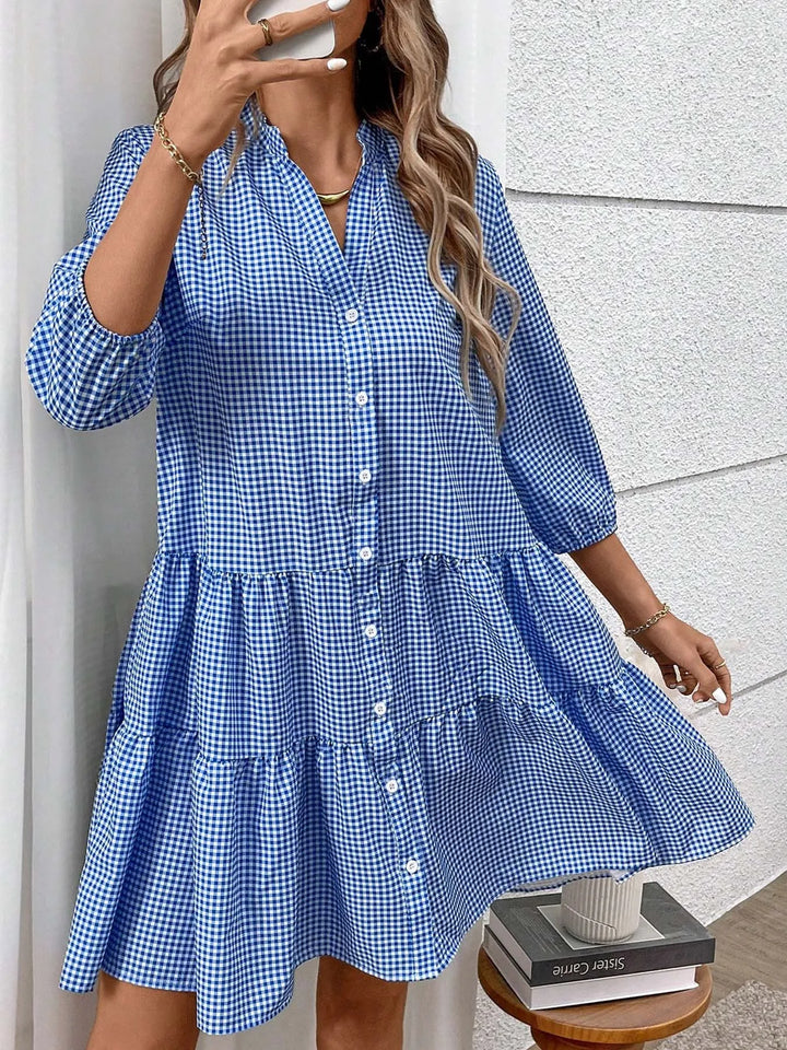 Florence | Chic Three-Quarter Sleeve Gingham Shirt Dress