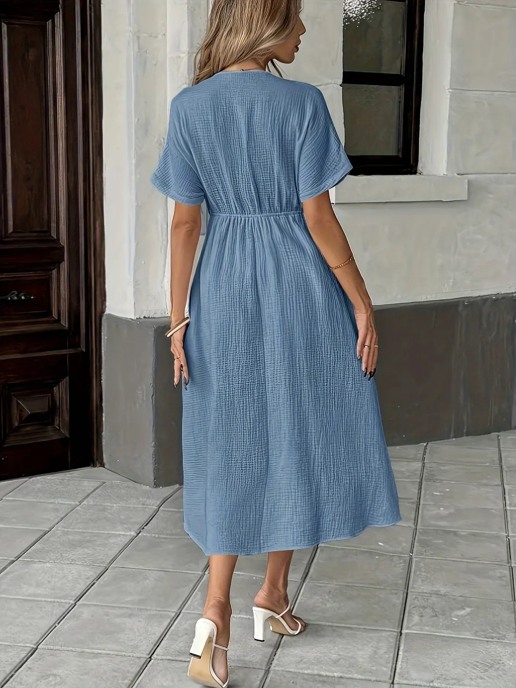 Blue Women's Tie Front Midi Dress — Delia V-Neck Short Sleeve - Back Detail