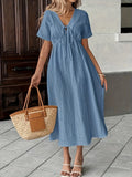 Women's Tie Front Midi Dress — Delia V-Neck Short Sleeve