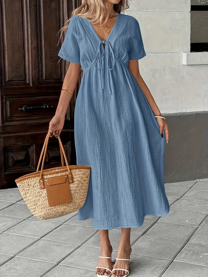 Blue Women's Tie Front Midi Dress — Delia V-Neck Short Sleeve - Front Full