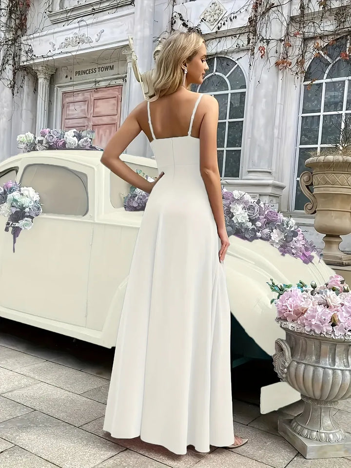 Cream Elegant Tiered Ruffle Dress with High-Low Hem - Back Studio