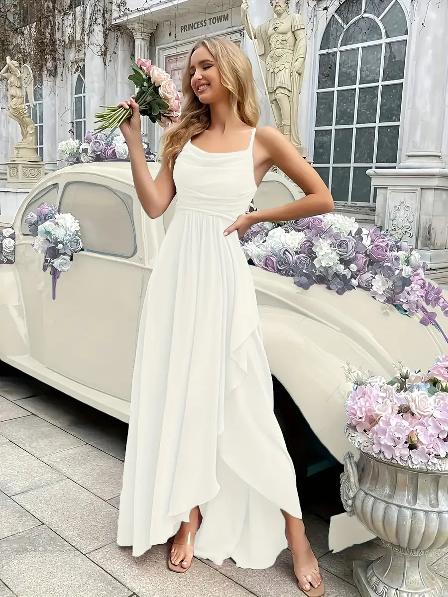 Cream Elegant Tiered Ruffle Dress with High-Low Hem - Front Studio