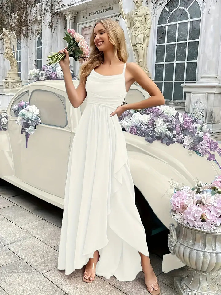 Cream Elegant Tiered Ruffle Dress with High-Low Hem - Front Studio