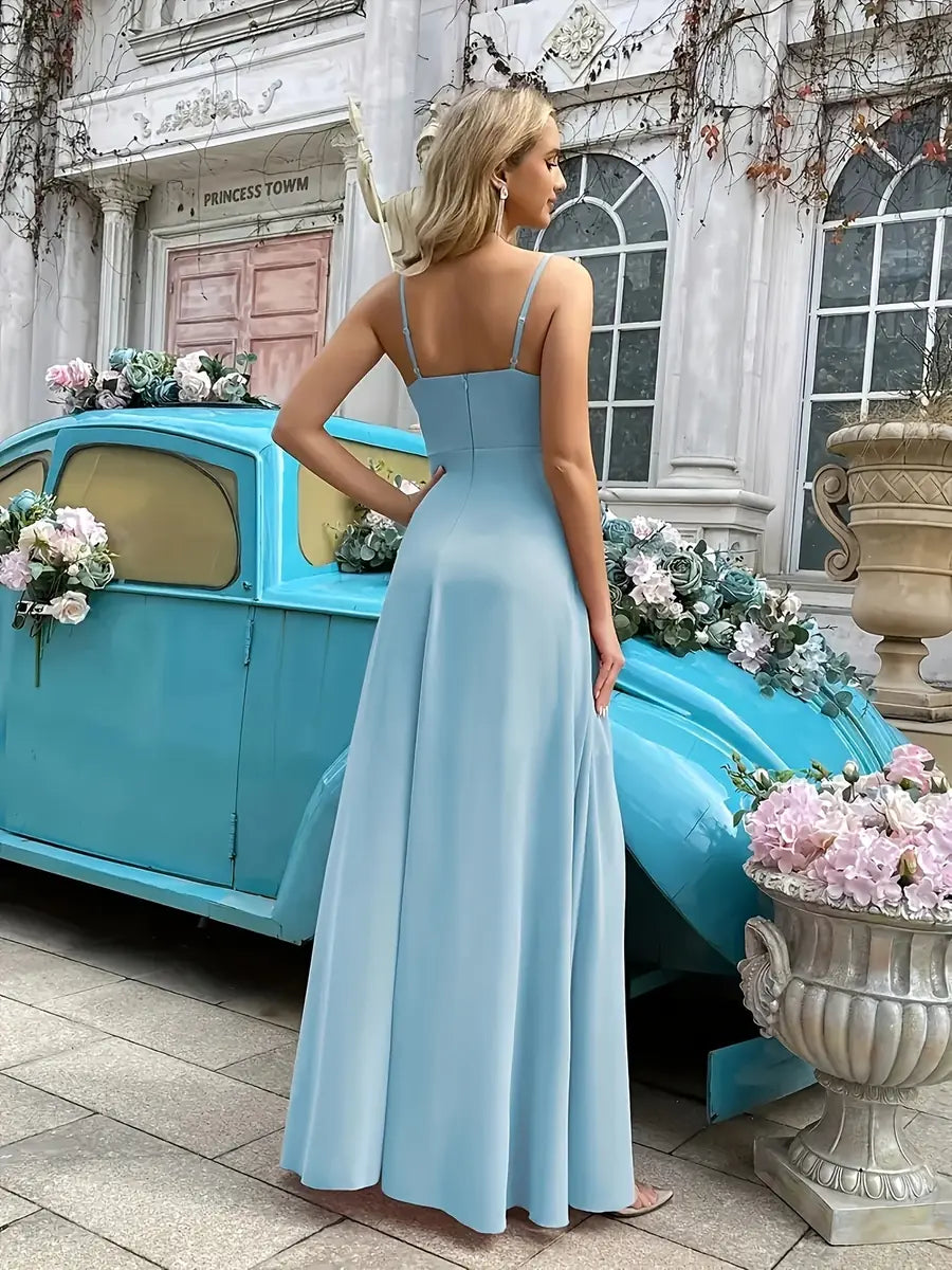 Light Blue Elegant Tiered Ruffle Dress with High-Low Hem - Back View