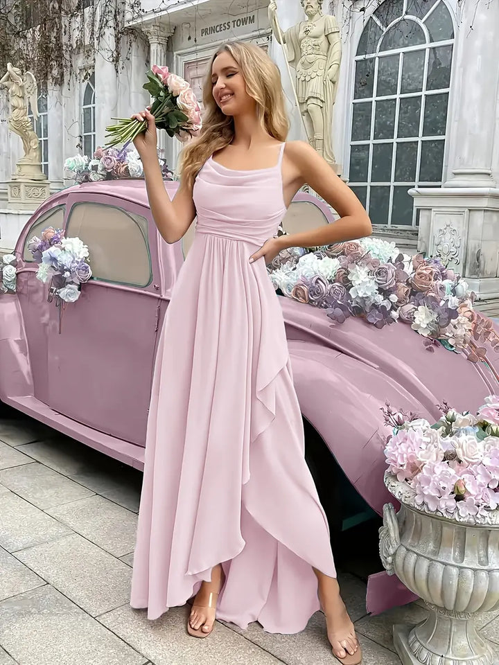 Light Pink Elegant Tiered Ruffle Dress with High-Low Hem - Front Pose