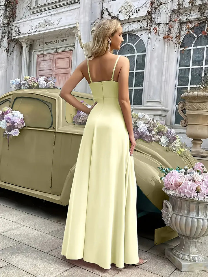 Yellow Elegant Tiered Ruffle Dress with High-Low Hem - Back Full