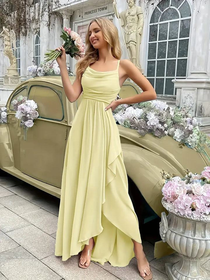 Yellow Elegant Tiered Ruffle Dress with High-Low Hem - Front Lifestyle
