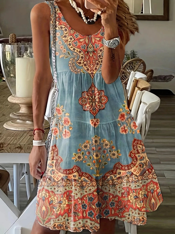 Eva | Tiered Bohemian Tank Blue Dress