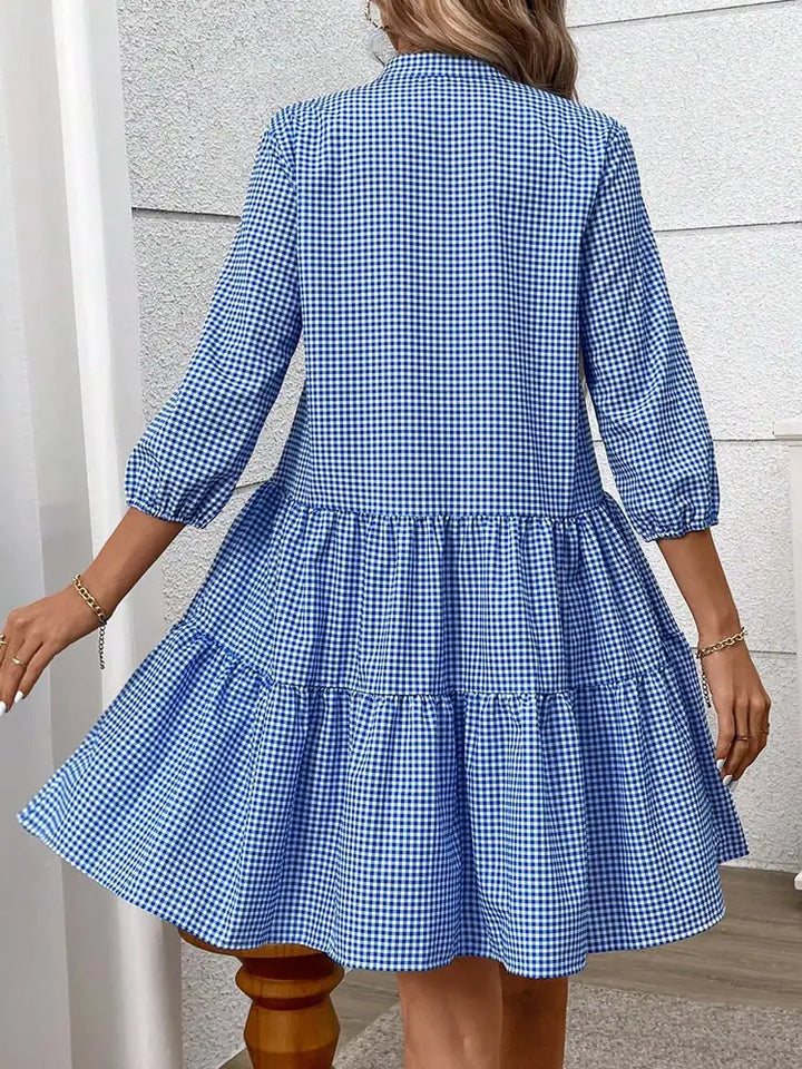 Blue Women's Tiered Button-Front Shirt Dress — Catherine Three-Quarter Sleeve Stand Collar - Back Full