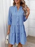 Women's Tiered Button-Front Shirt Dress — Catherine Three-Quarter Sleeve Stand Collar