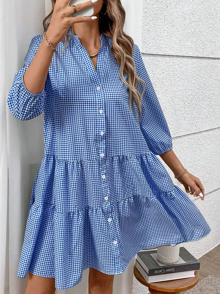 Blue Women's Tiered Button-Front Shirt Dress — Catherine Three-Quarter Sleeve Stand Collar - Front Pose
