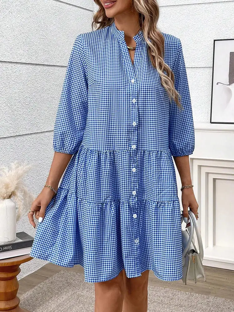 Blue Women's Tiered Button-Front Shirt Dress — Catherine Three-Quarter Sleeve Stand Collar - Front Standing