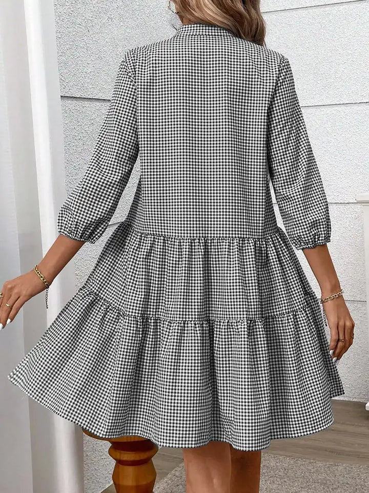 Gray Women's Tiered Button-Front Shirt Dress — Catherine Three-Quarter Sleeve Stand Collar - Back Detail