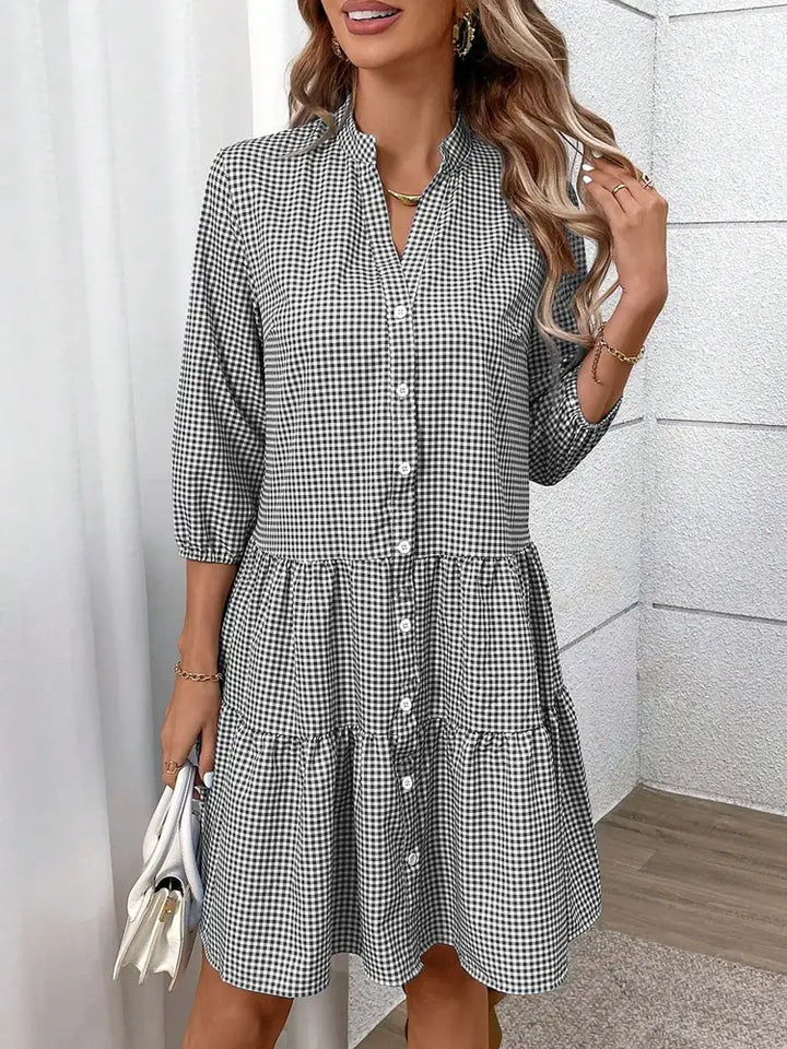 Gray Women's Tiered Button-Front Shirt Dress — Catherine Three-Quarter Sleeve Stand Collar - Front Lifestyle