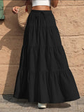 Women's Tiered Drawstring Black Maxi Skirt — Pearl Elastic Waist Long