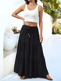 Women's Tiered Drawstring Black Maxi Skirt — Andie Elastic Waist Bohemian