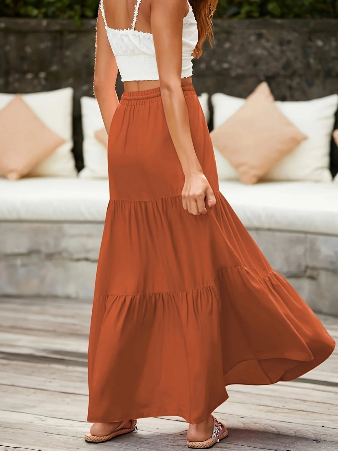 Brown Women's Tiered Drawstring Black Maxi Skirt — Andie Elastic Waist Bohemian - Back Flow