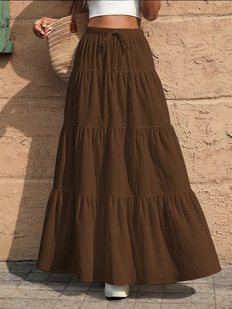 Brown Women's Tiered Drawstring Black Maxi Skirt — Pearl Elastic Waist Long - Front Pose