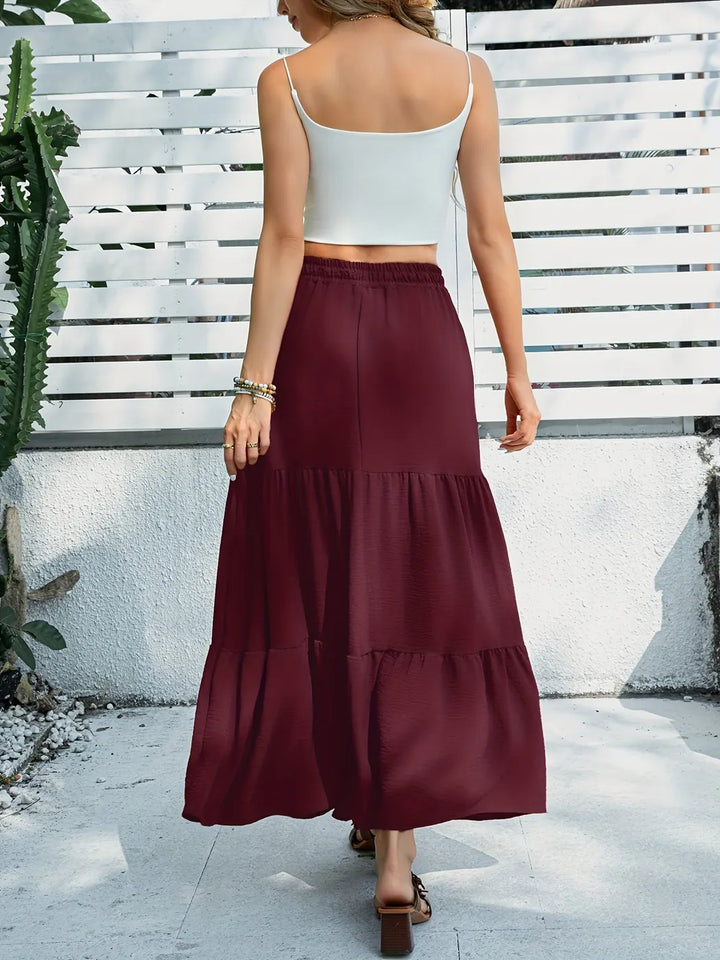 Burgundy Women's Tiered Drawstring Black Maxi Skirt — Andie Elastic Waist Bohemian - Back Walking