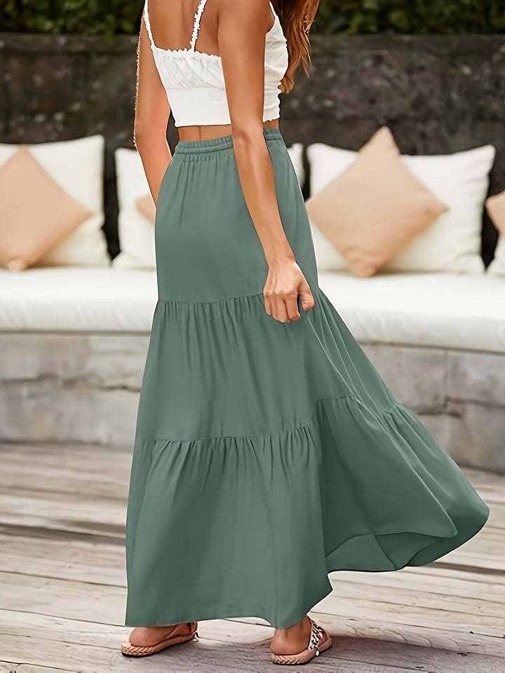 Green Women's Tiered Drawstring Black Maxi Skirt — Andie Elastic Waist Bohemian - Back Detail