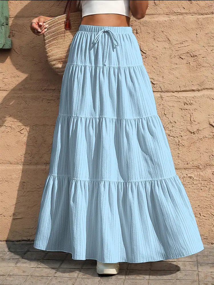 Light Blue Women's Tiered Drawstring Black Maxi Skirt — Pearl Elastic Waist Long - Front Casual