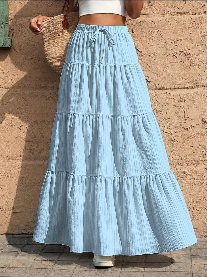 Light Blue Women's Tiered Drawstring Black Maxi Skirt — Pearl Elastic Waist Long - Front Casual