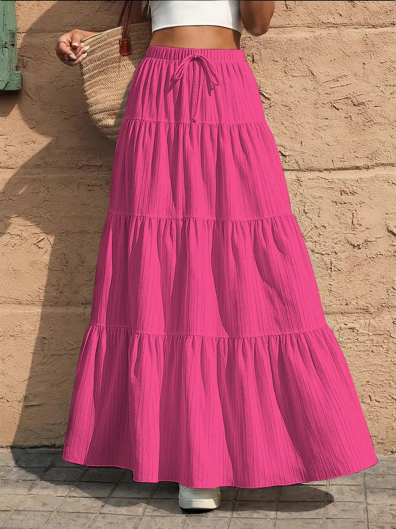 Pink Women's Tiered Drawstring Black Maxi Skirt — Pearl Elastic Waist Long - Front Outdoor