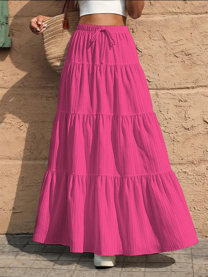 Pink Women's Tiered Drawstring Black Maxi Skirt — Pearl Elastic Waist Long - Front Outdoor