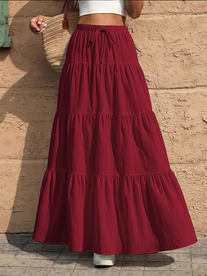 Red Women's Tiered Drawstring Black Maxi Skirt — Pearl Elastic Waist Long - Front Standing